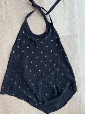 Anthropologie Black Backless Going Out Halter Tank With Silver Eyelets